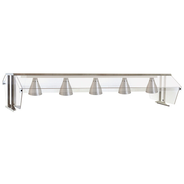A stainless steel buffet shelf with double infrared lamps.