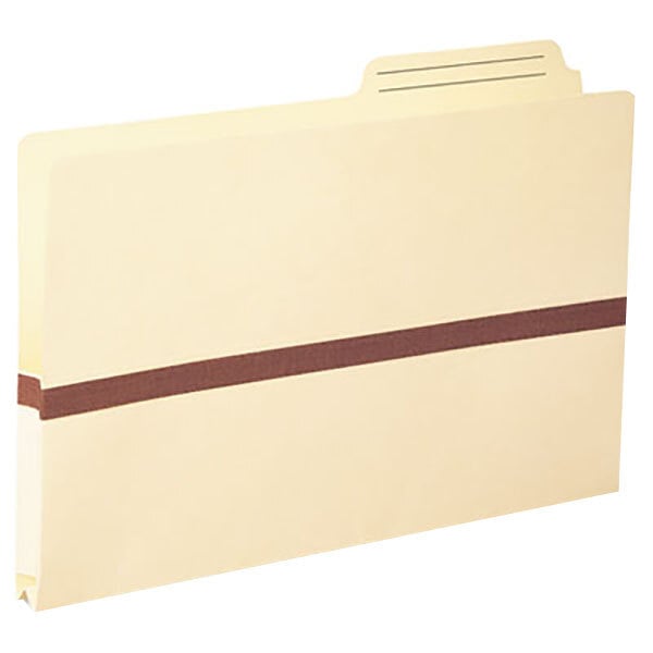 A Smead legal size file pocket with a brown and white band and a white label tab.