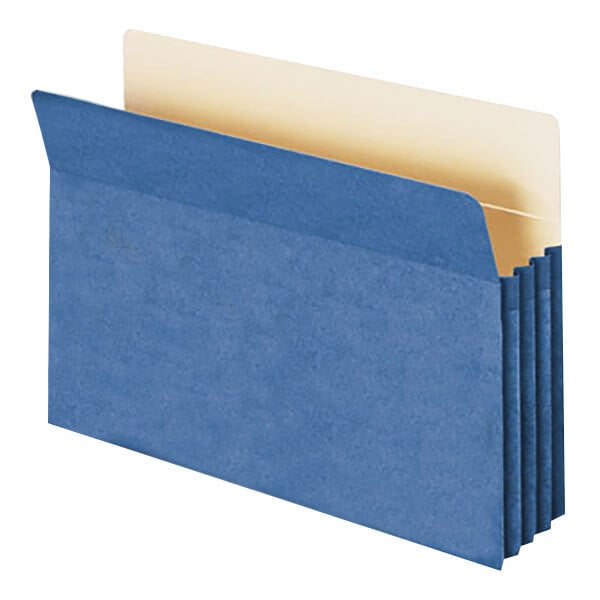 A blue Smead file pocket with a yellow tab and tan inside.