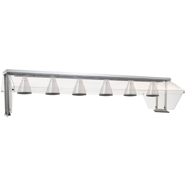 A stainless steel Eagle buffet shelf with infrared lamps and double sneeze guard.