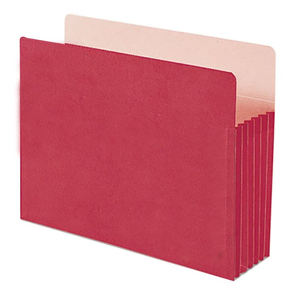 A Smead red file pocket with white tabs.