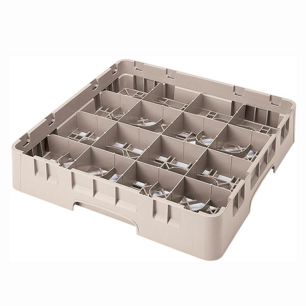 A beige plastic Cambro glass rack with 16 compartments.