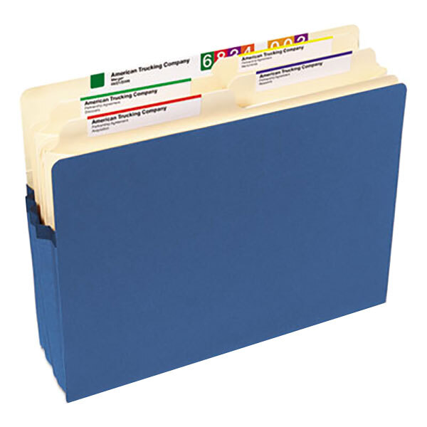 A blue Smead file pocket with labels on the tabs.
