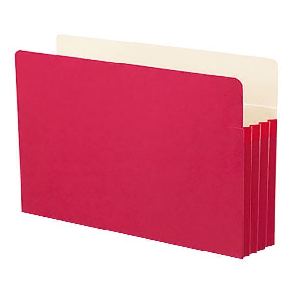 A stack of red file folders with white tabs.