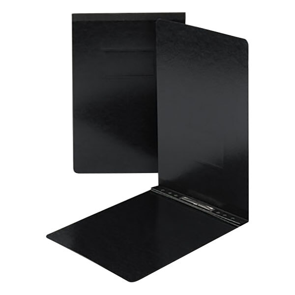 A black rectangular Smead PressGuard report cover with two silver prong fasteners.