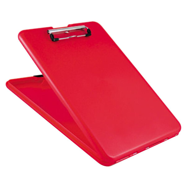 A red Saunders SlimMate storage clipboard with a silver clip.