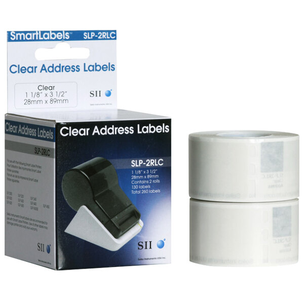 A roll of clear address labels with a black and white label on it.