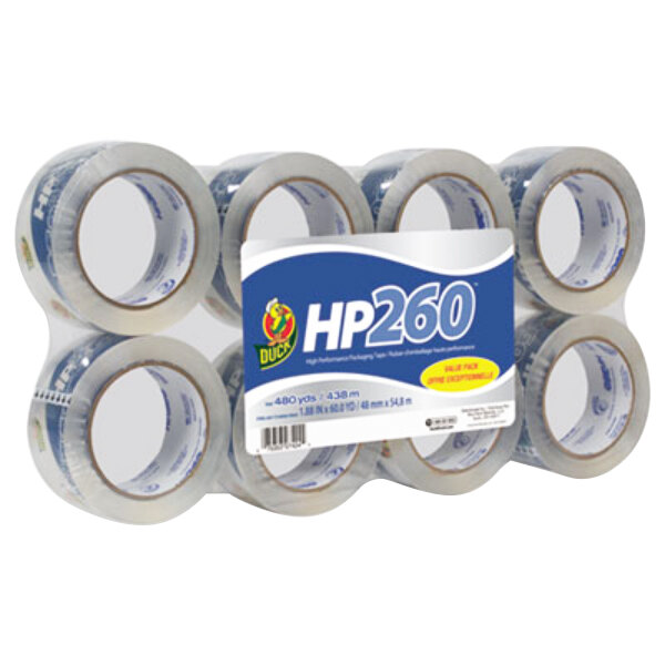 A group of Duck HP260 clear packaging tape rolls.