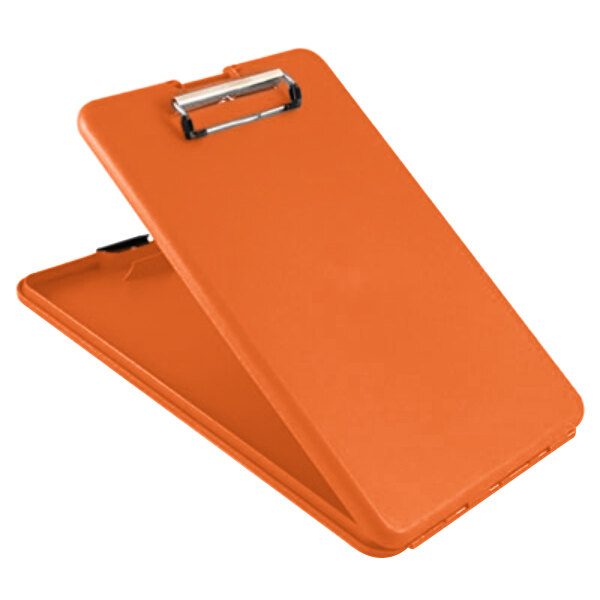An orange Saunders SlimMate storage clipboard with a metal clip.