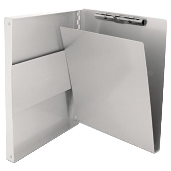 A silver metal Saunders clipboard with a metal clip on the side.