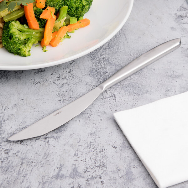 An Arcoroc stainless steel dinner knife on a plate of broccoli and carrots.