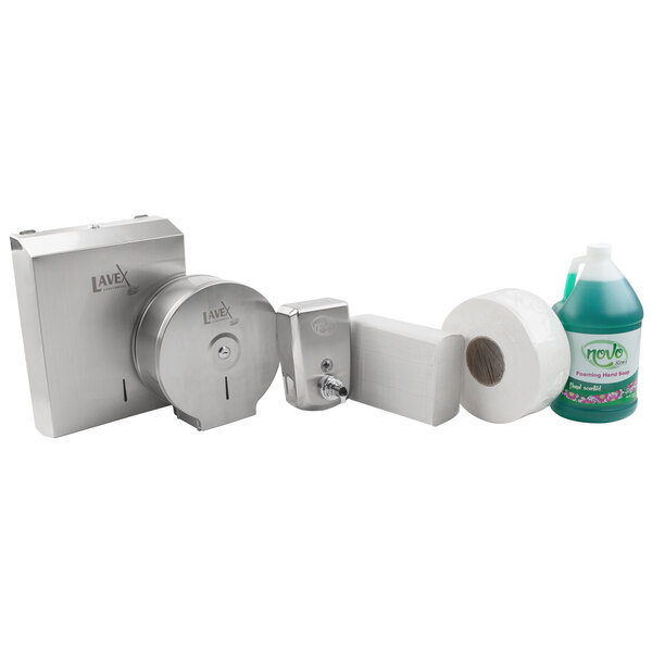 A Lavex foaming hand soap dispenser kit with a green bottle and white label next to rolls of toilet paper.