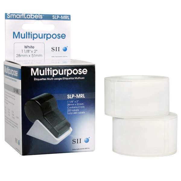 A box of Seiko Instruments white self-adhesive multipurpose labels.