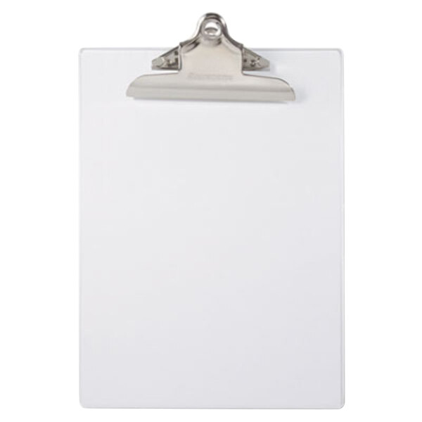 A white clipboard with a silver metal clip.