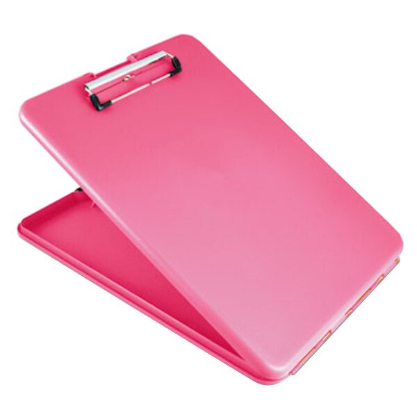 A pink Saunders SlimMate storage clipboard with a metal clip.