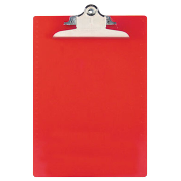 A red Saunders clipboard with a silver clip.