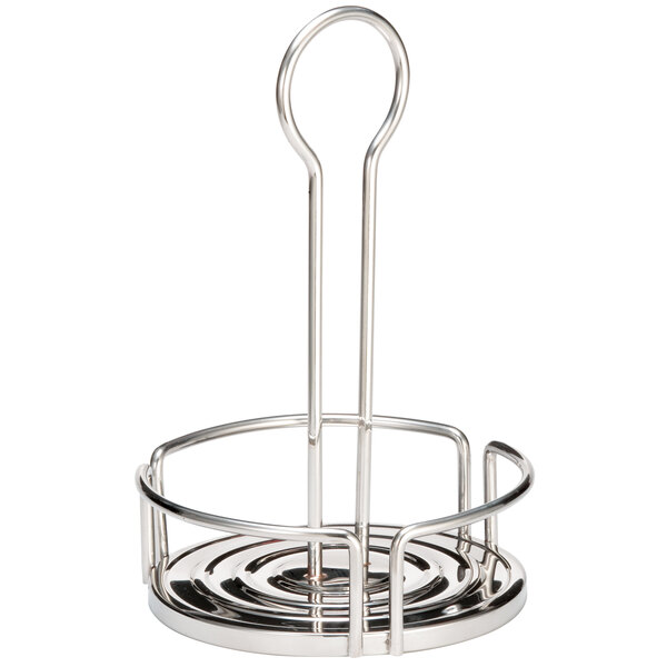A silver metal Tablecraft stainless steel condiment caddy with a handle.