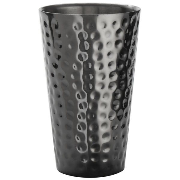 An American Metalcraft hammered black metal tumbler with a textured surface.