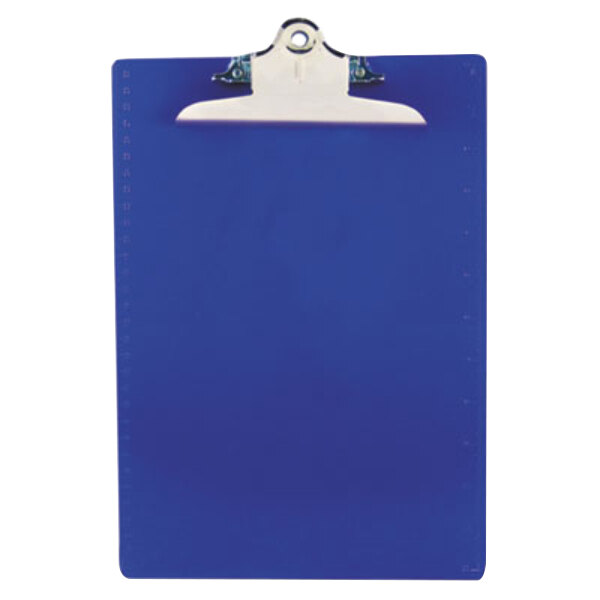 A blue Saunders clipboard with a silver clip.