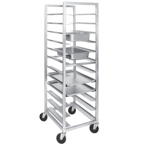 A Channel UTR-10 aluminum steam table pan rack holding metal trays.