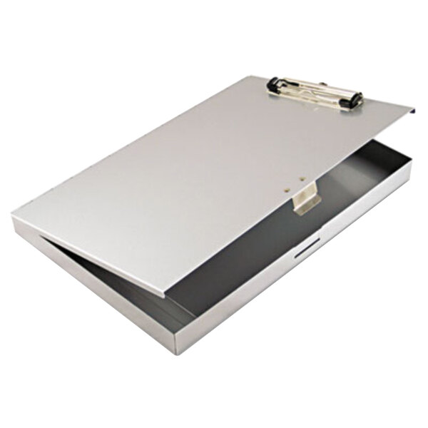 A silver Saunders Tuffwriter storage clipboard with a metal clip.