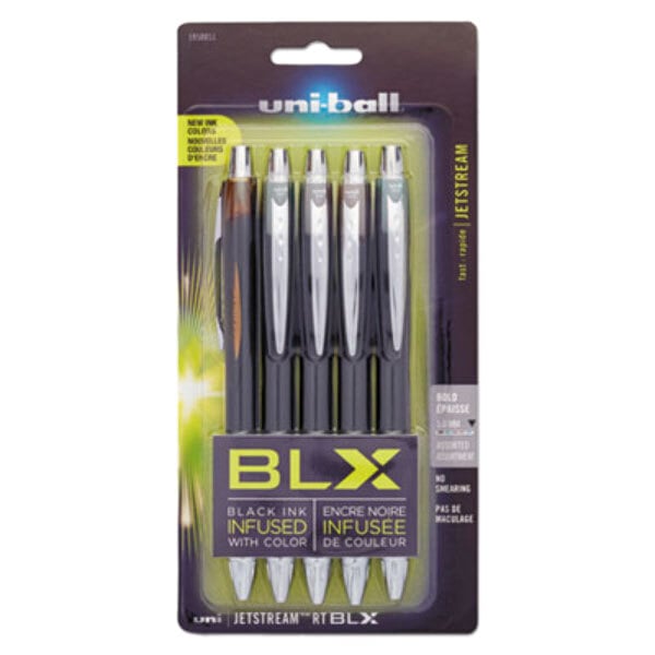 A package of Uni-Ball Jetstream BLX roller ball pens in black barrels with assorted ink colors.