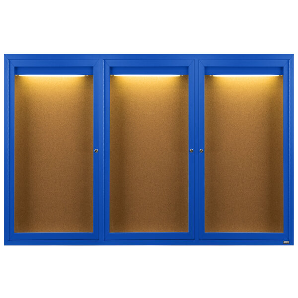 A blue Aarco bulletin board cabinet with three doors.