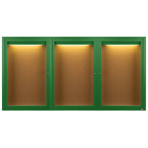 An Aarco green powder coated cabinet with three enclosed lighted bulletin boards.