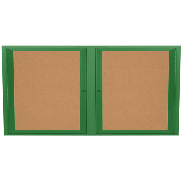 An Aarco green enclosed bulletin board with two green doors.