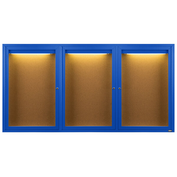 An Aarco blue powder coated cabinet with three glass enclosed bulletin boards with lights.