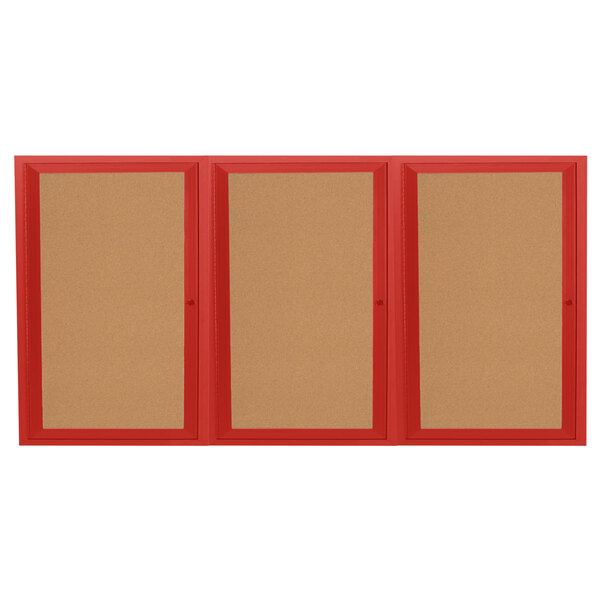 A group of red Aarco bulletin boards with three doors.