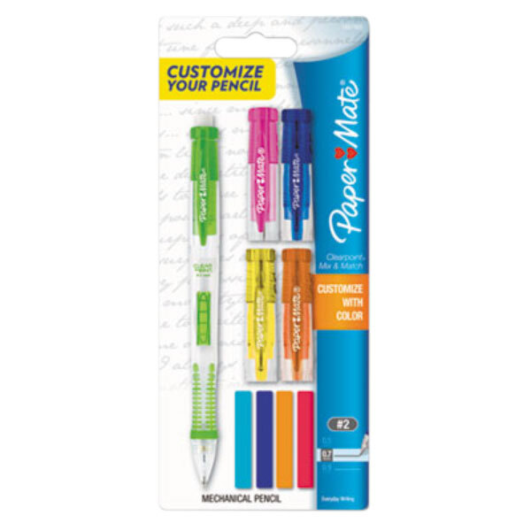 A package of Paper Mate Clear Point mechanical pencils with colorful barrels and a product label.