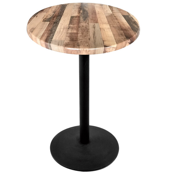 A Holland Bar Stool rustic wood laminate table with a round black base and circular top.