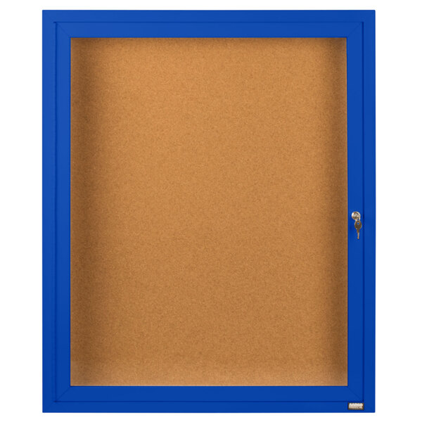A blue framed Aarco bulletin board cabinet.