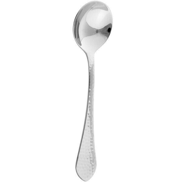 An Arcoroc stainless steel soup spoon with a handle.