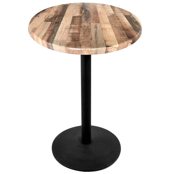A Holland Bar Stool round rustic wood laminate table with a black base.