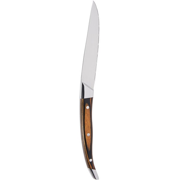 A Chef & Sommelier steak knife with a brown and black Pakkawood handle.
