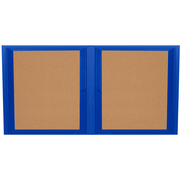 A blue Aarco bulletin board cabinet with 2 doors.