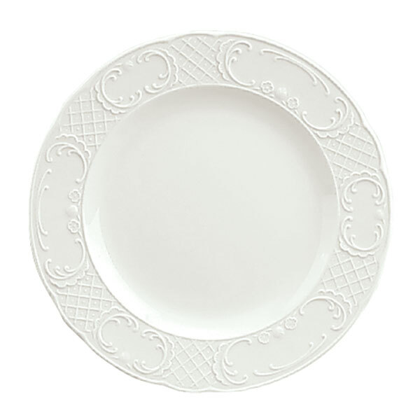 A close-up of a Schonwald Marquis white porcelain plate with a pattern.