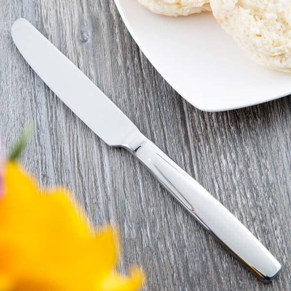 A Libbey stainless steel bread and butter knife on a plate.