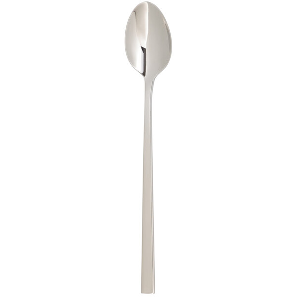 An Arcoroc stainless steel iced tea spoon with a long black handle.