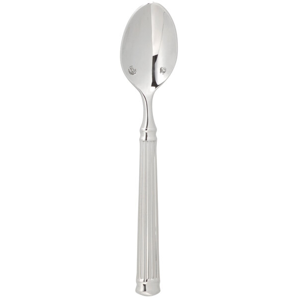 A close-up of a Chef & Sommelier stainless steel demitasse spoon with a fluted handle.