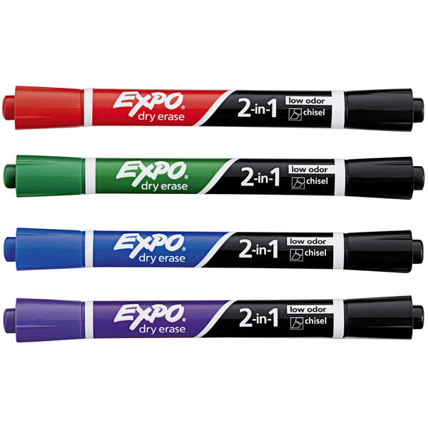 A group of Expo 2-in-1 Low-Odor Chisel Tip Dry Erase Markers with purple and black packaging.