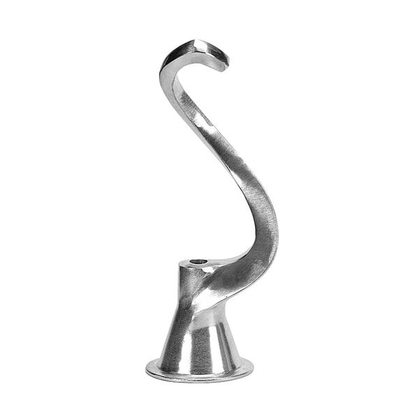 A silver metal Globe spiral dough hook.
