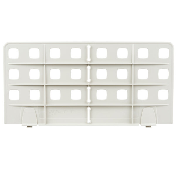 A white plastic MetroMax Q shelf divider with square holes.