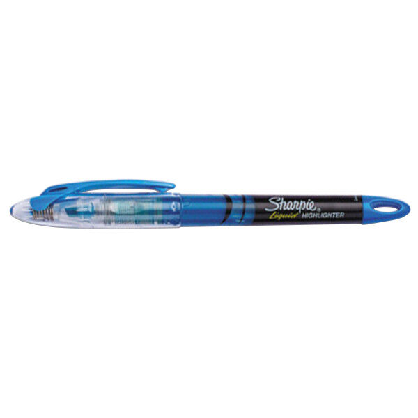 A blue Sharpie highlighter pen with a black cap.