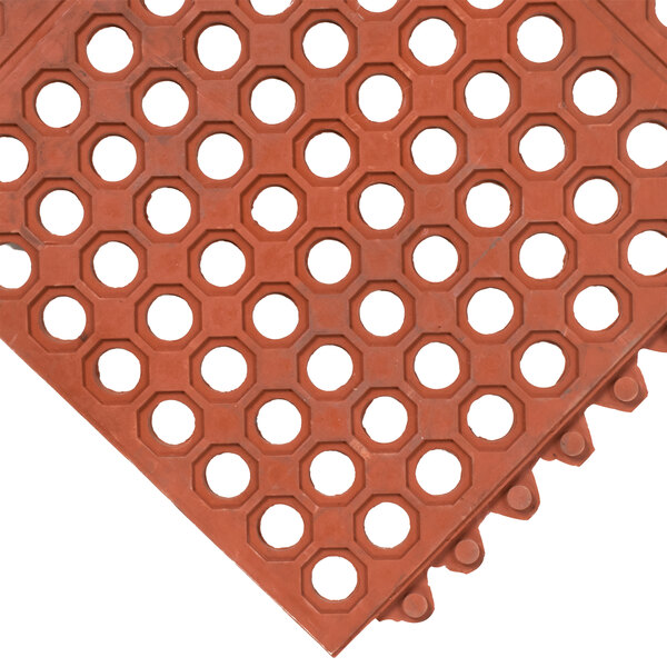 A close up of a red rubber Cactus Mat with holes in it.
