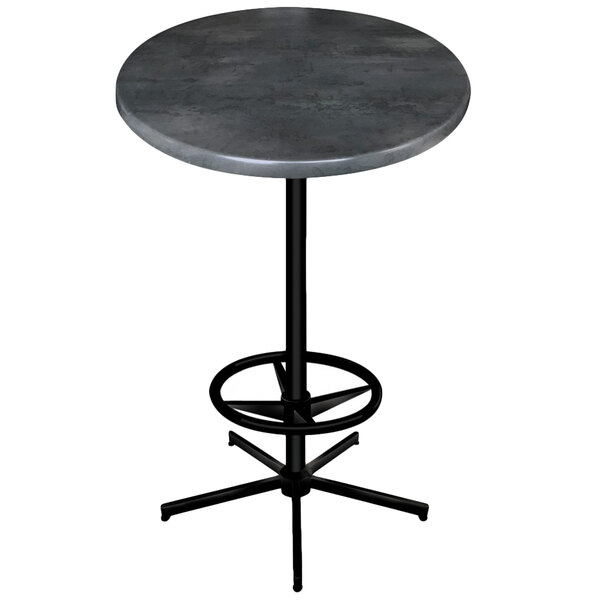 A round black steel laminate bar height table with a black steel base.