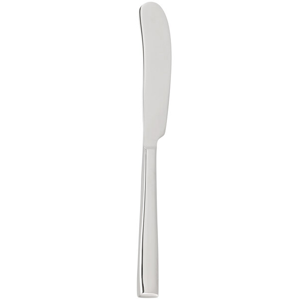 A silver butter spreader with a white handle.