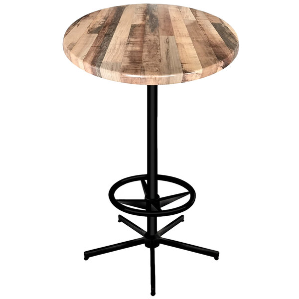 Holland Bar Stool OD21642BWOD36RRustic 36" Round Rustic Wood Laminate Outdoor / Indoor Bar Height Table with Foot Rest Base